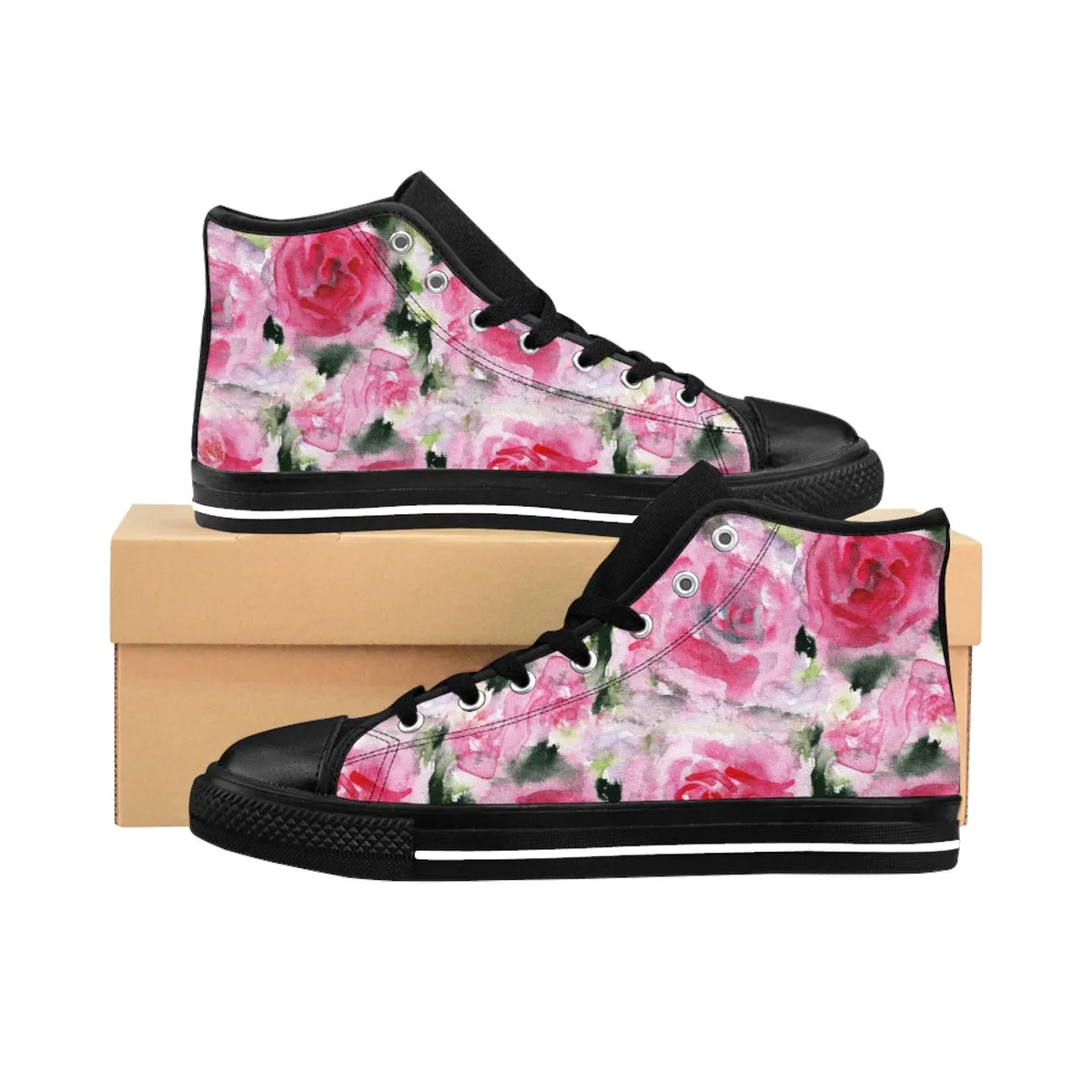 Pink Rose Women's Sneakers, Abstract Floral Print Designer Women's High Top Shoes