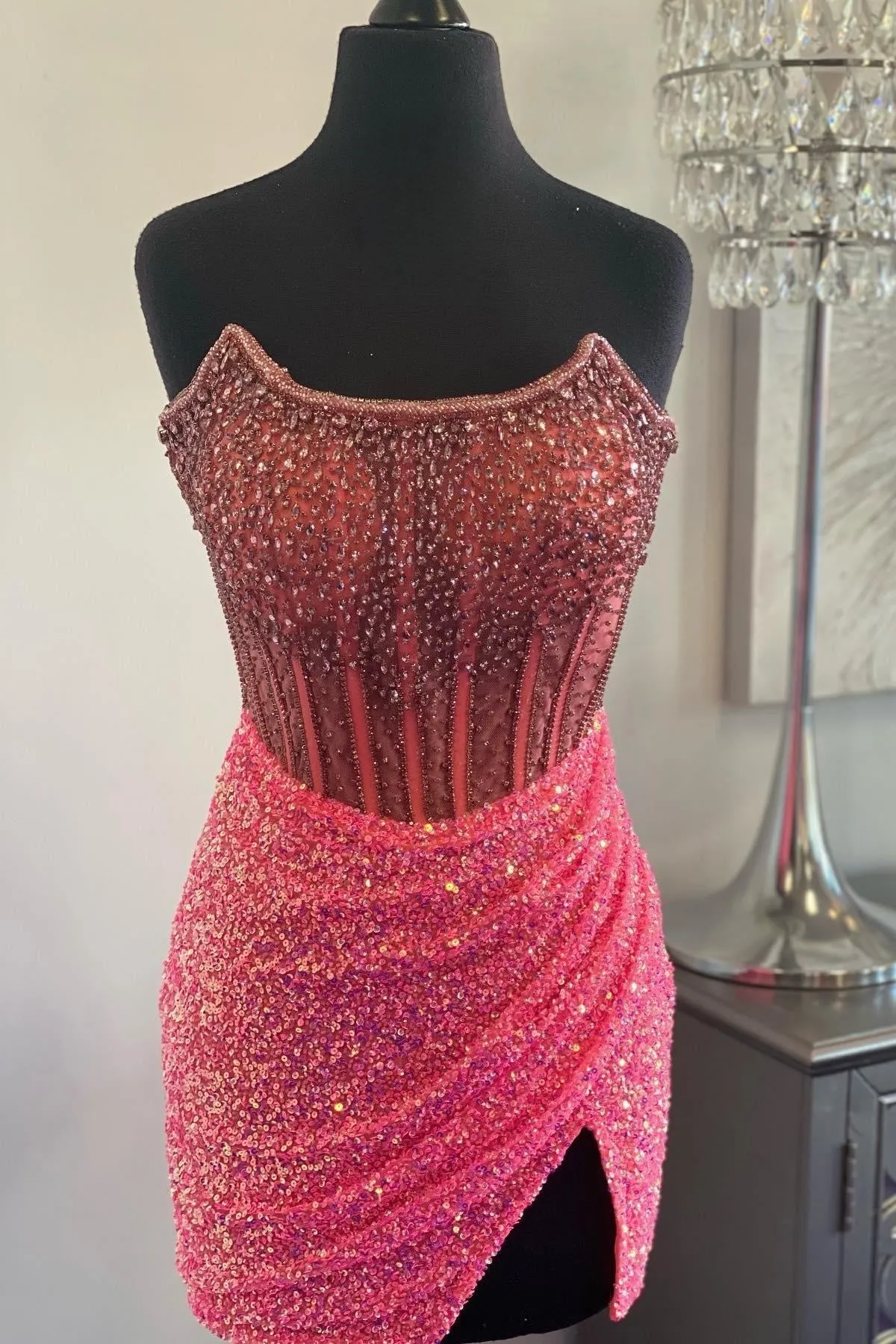 Pink Strapless Sequins Sheath Beaded Homecoming Hoco Dress