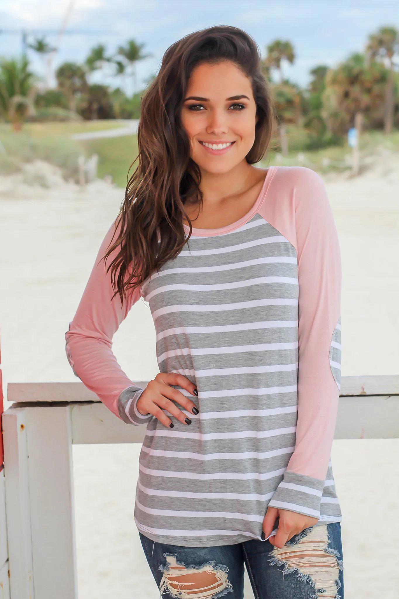 Pink Striped Top with Elbow Patches