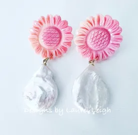 Pink Sunflower Pearl Drop Earrings