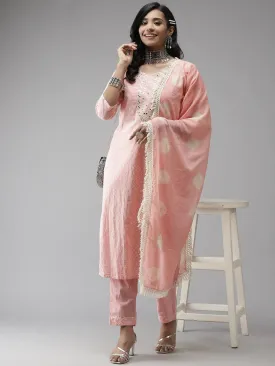 Pink Yoke Design, Gotta Patti Work Cotton Kurta with Palazzo & Dupatta