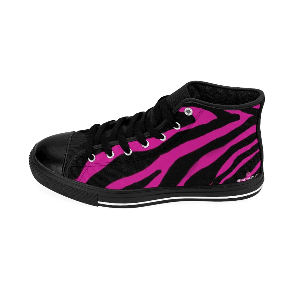 Pink Zebra Men's High Tops, Zebra Striped Animal Print Men's Classic Sneakers Running Fashion Canvas Shoes