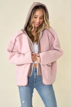 Pink/Mocha Faux Suede Fabrication And Hooded Solid Jacket