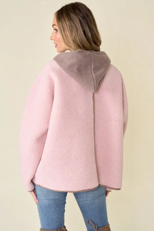 Pink/Mocha Faux Suede Fabrication And Hooded Solid Jacket