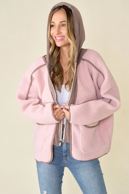 Pink/Mocha Faux Suede Fabrication And Hooded Solid Jacket