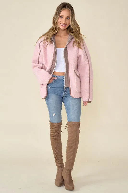 Pink/Mocha Faux Suede Fabrication And Hooded Solid Jacket