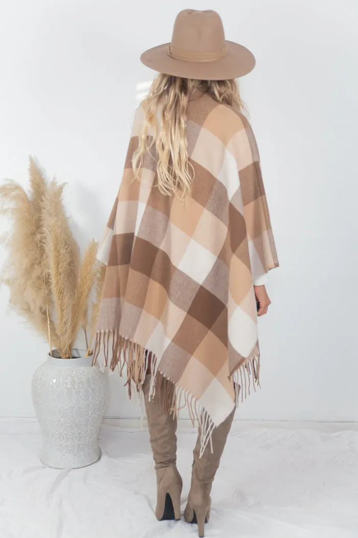 Plaid Poncho - Beige