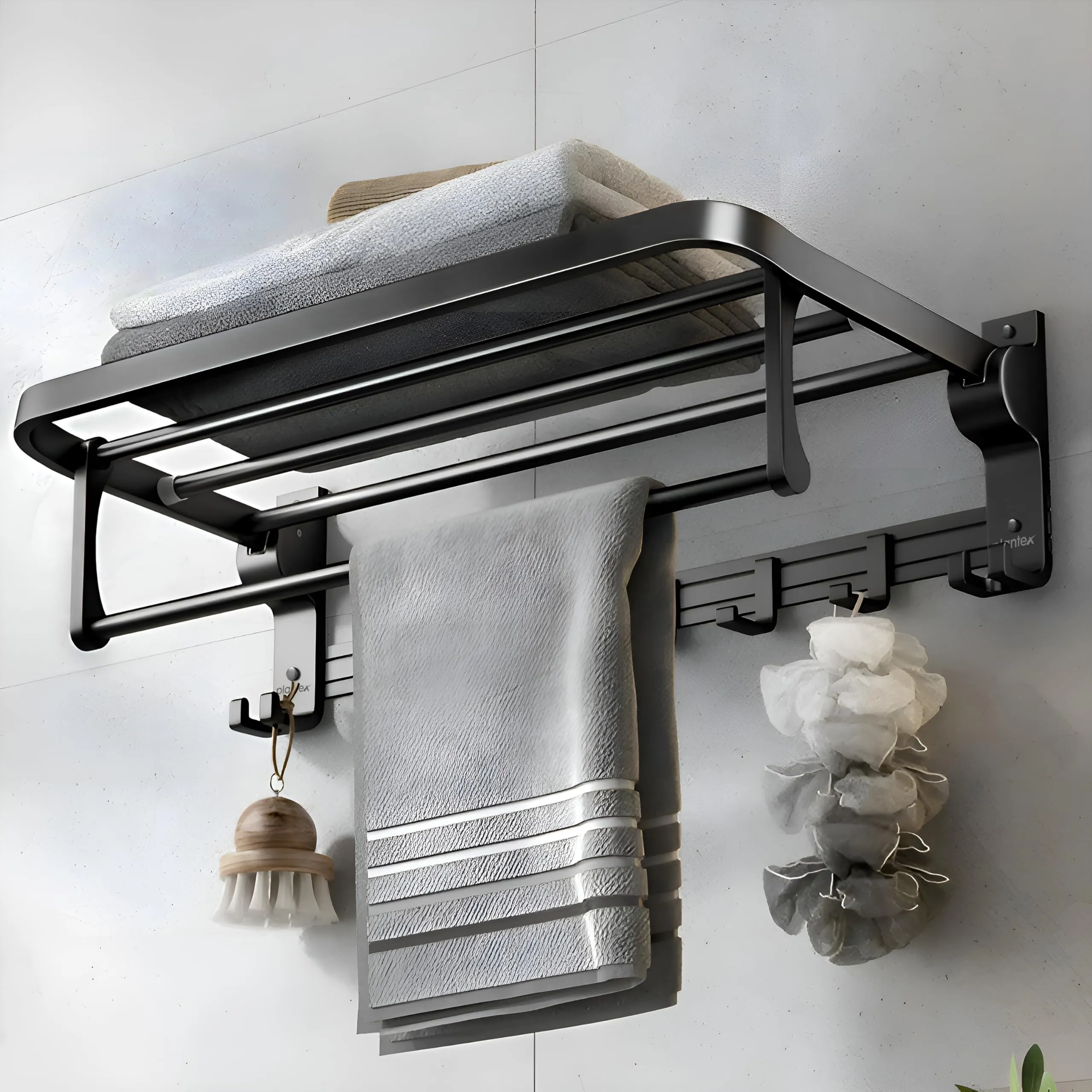 Plantex Aluminium Folding Towel Rack with Swivel Towel Rod/Towel Bar for Bathroom/Towel Hanger with Hooks/Bathroom Accessories (962, Black)