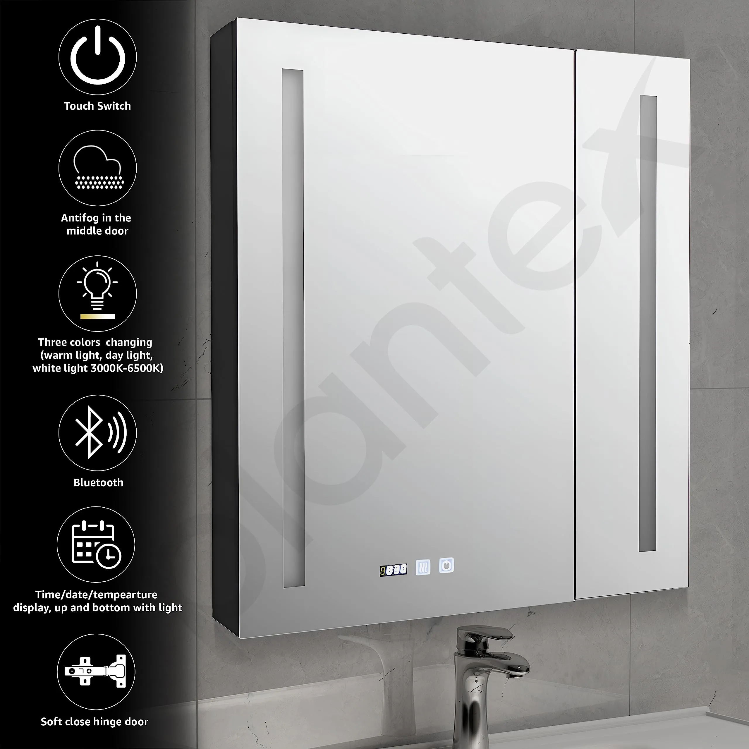 Plantex LED Mirror Cabinet for Bathroom with Bluetooth, Defogger and Digital Clock Display/Double Door Cabinet/Bathroom Organizer/Shelf - 32x28 Inches