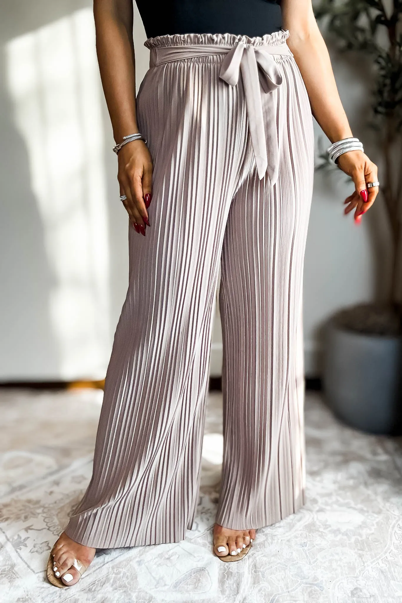 Pleated Taupe Wide Leg Paperback Self Tie Pants