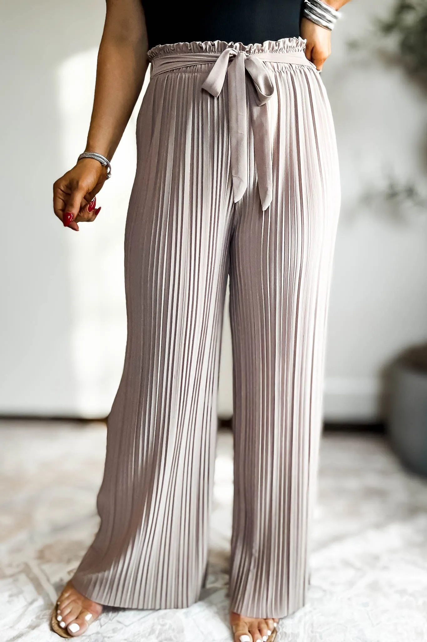 Pleated Taupe Wide Leg Paperback Self Tie Pants