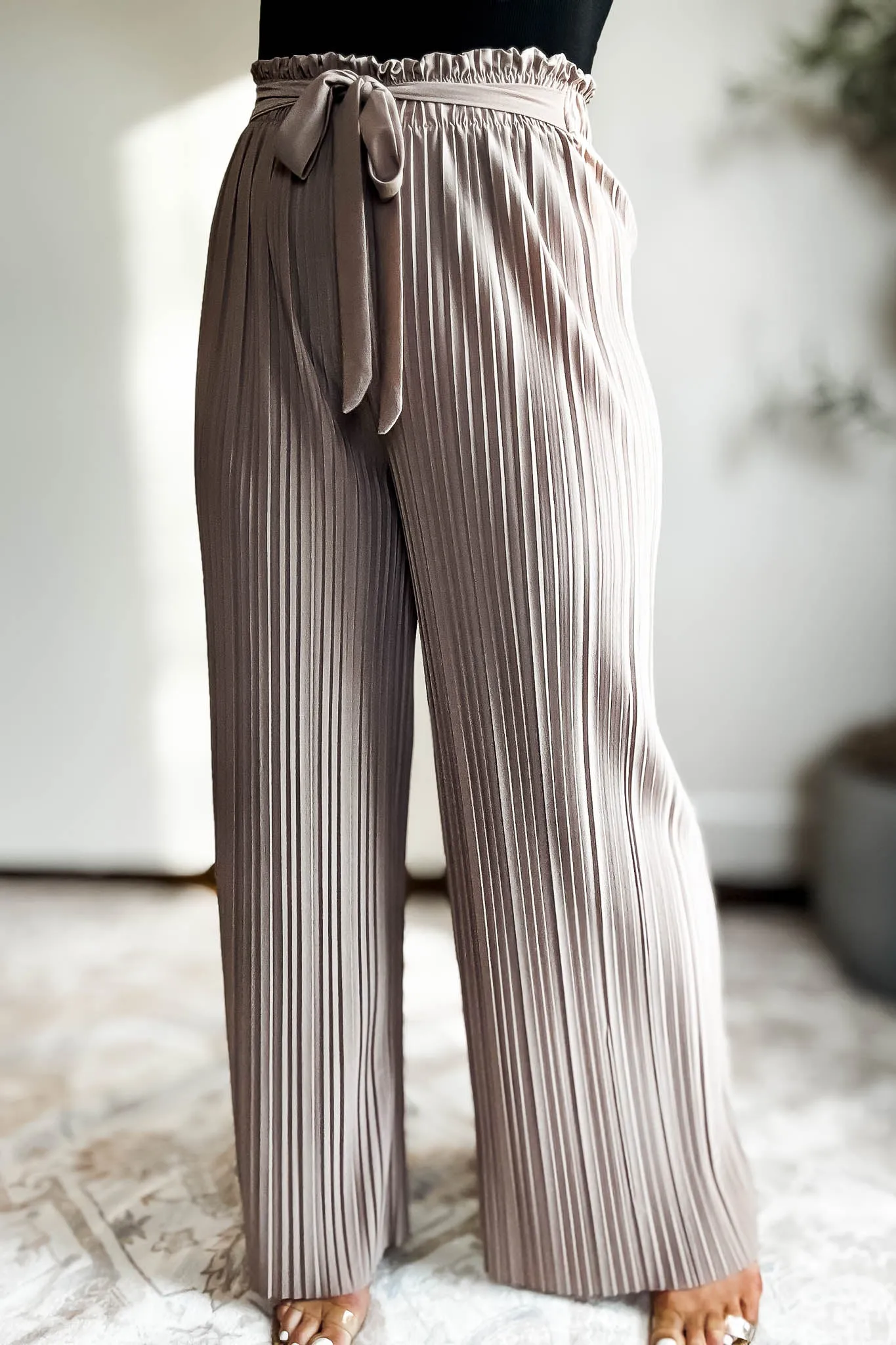 Pleated Taupe Wide Leg Paperback Self Tie Pants