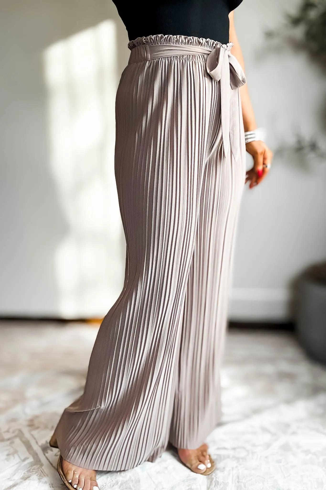 Pleated Taupe Wide Leg Paperback Self Tie Pants