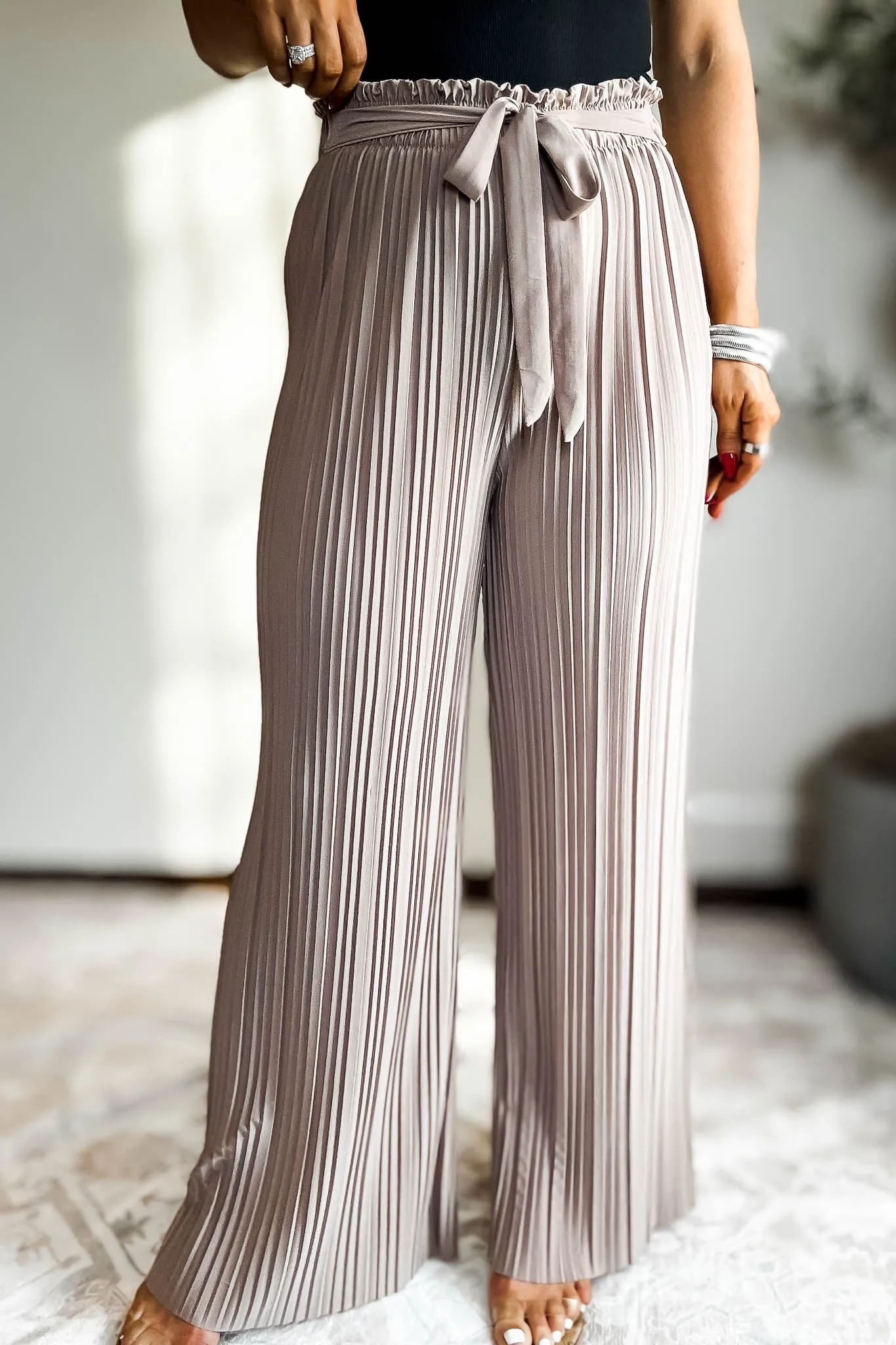 Pleated Taupe Wide Leg Paperback Self Tie Pants