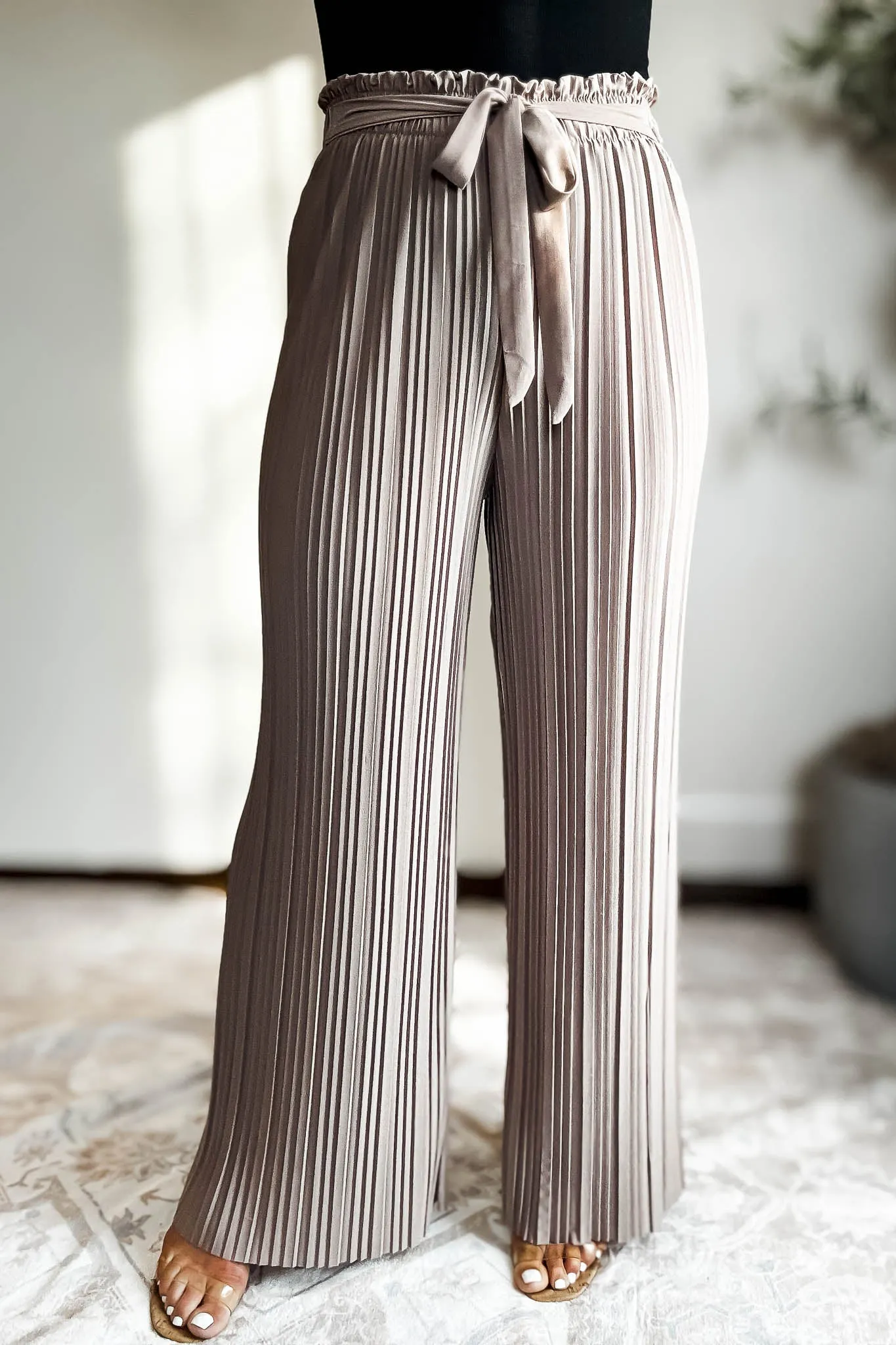 Pleated Taupe Wide Leg Paperback Self Tie Pants