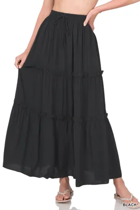 Plus Boho Elastic Drawstring Waist Tiered Ruffle A-Line Woven Maxi Skirt