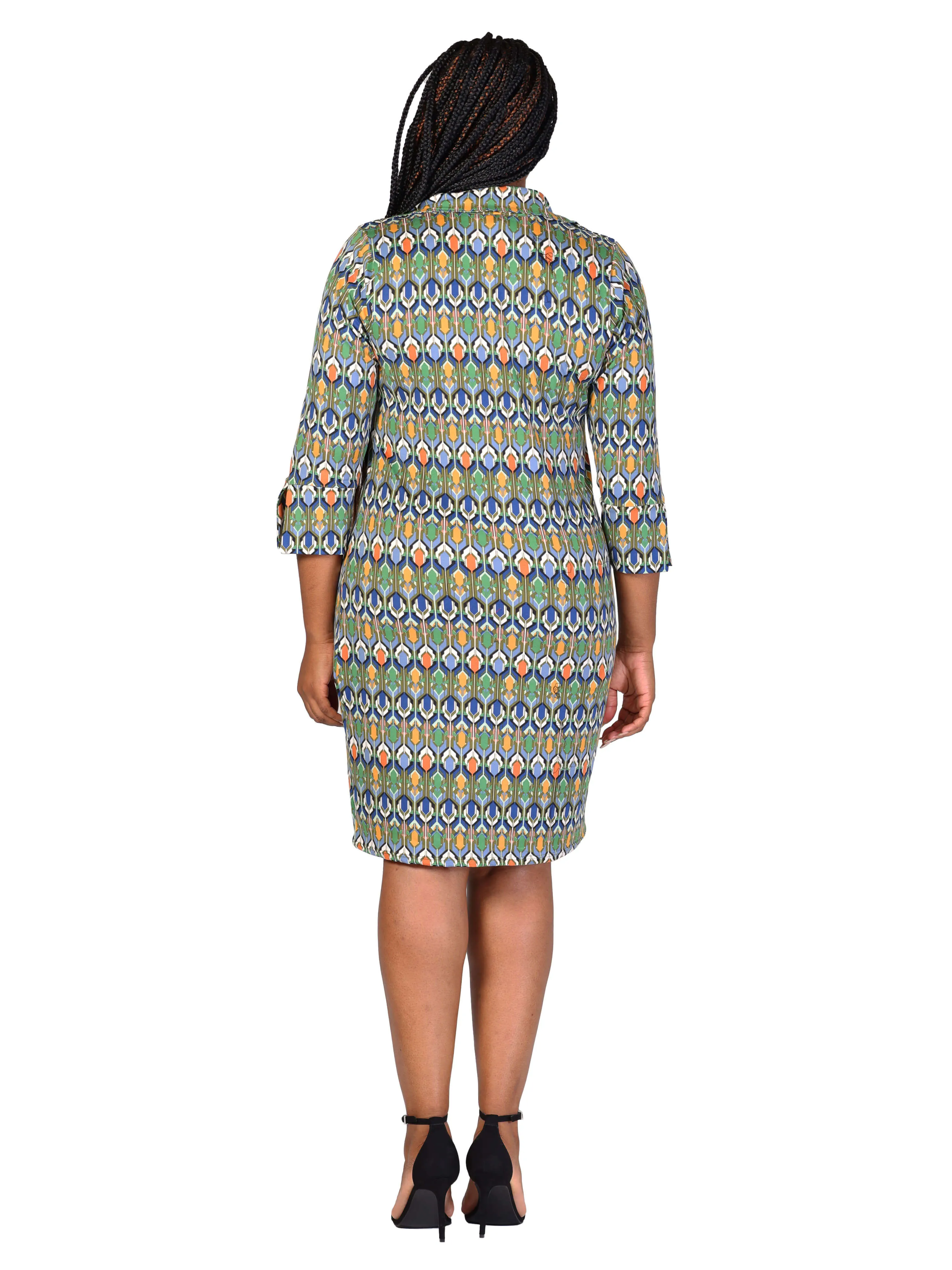 Plus Size Green Geometric Print Three Quarter Sleeve Collar Mini Dress