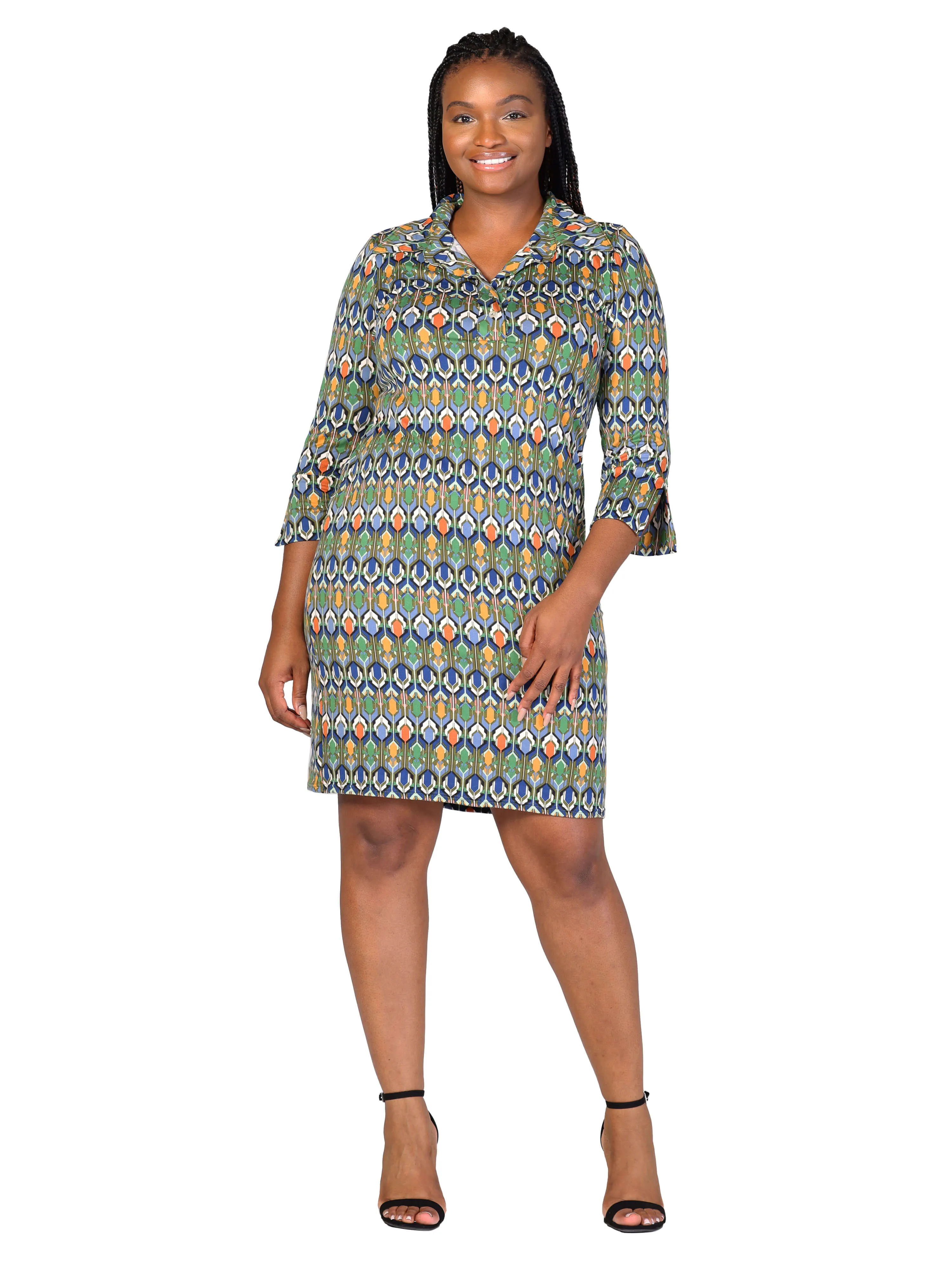 Plus Size Green Geometric Print Three Quarter Sleeve Collar Mini Dress