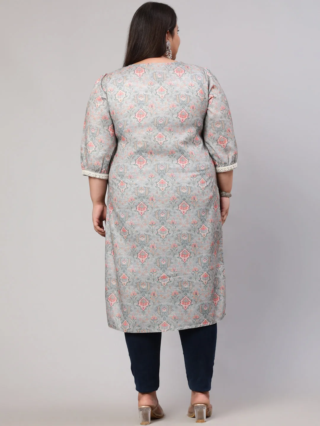 Plus Size Grey Mirror Work Printed Straight Kurta