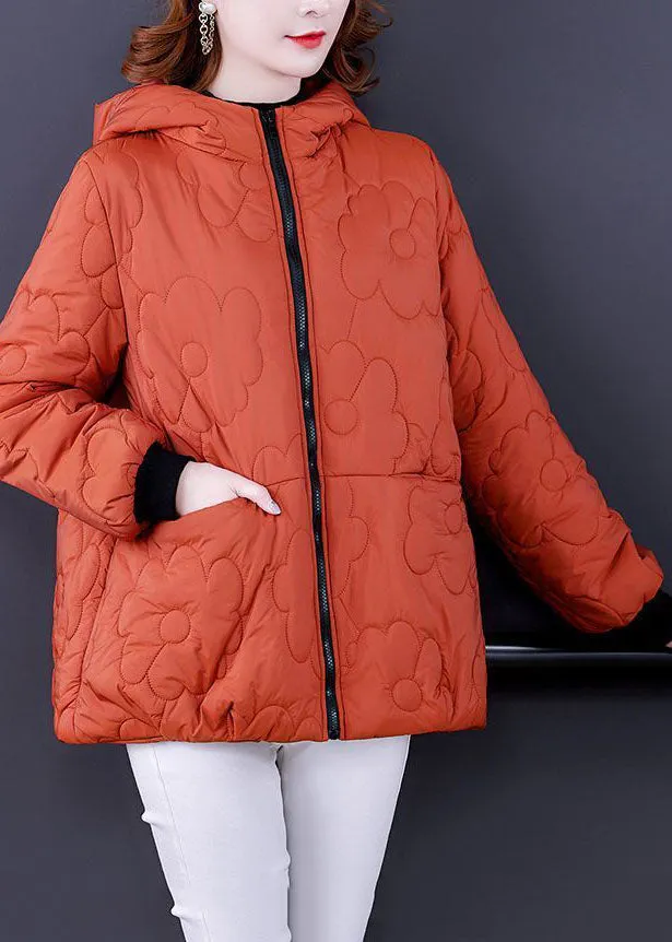 Plus Size Orange Hooded Zippered Fine Cotton Filled Winter Coats