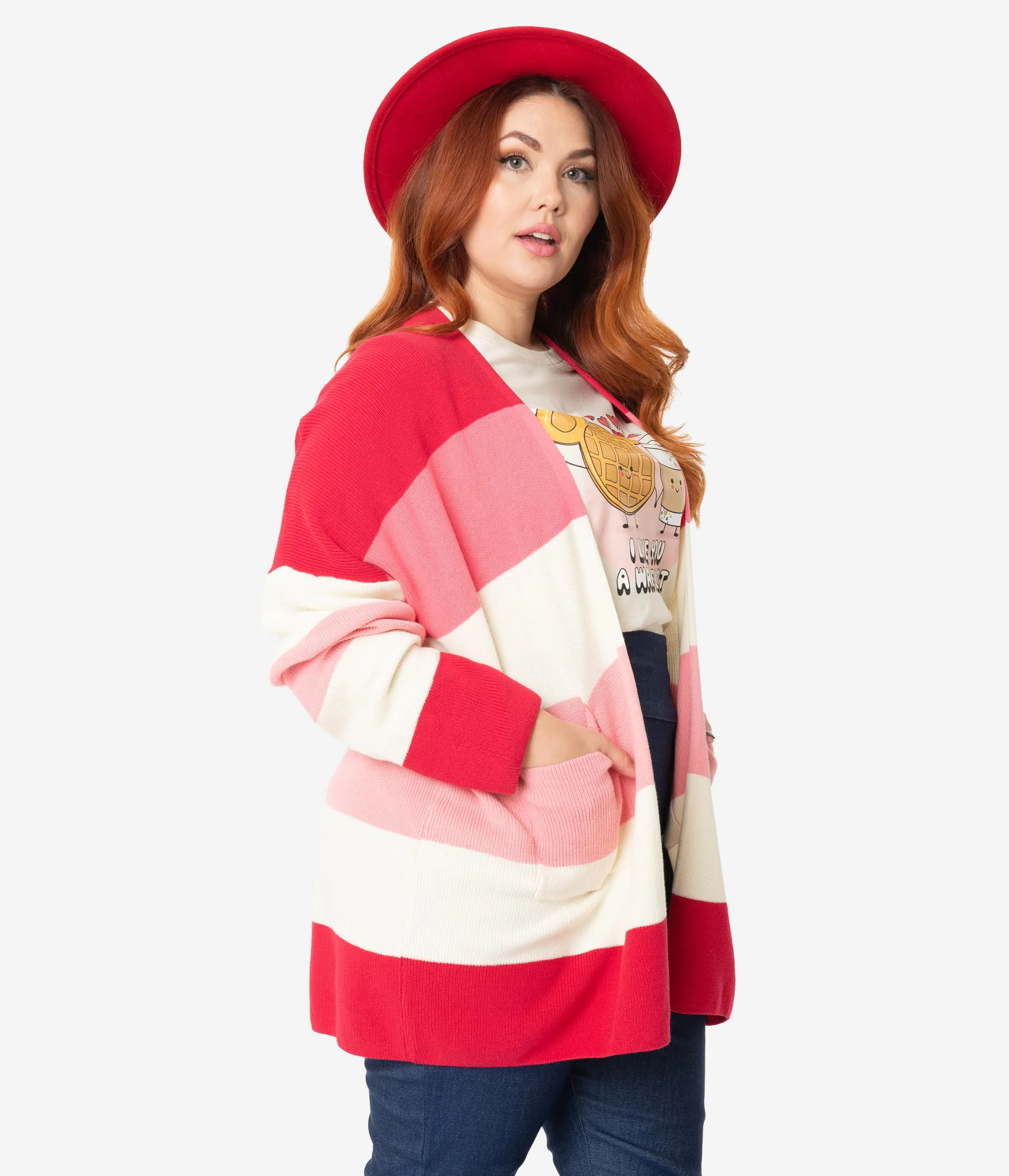 Plus Size Red & Pink Striped Love Is In The Air Open Cardigan