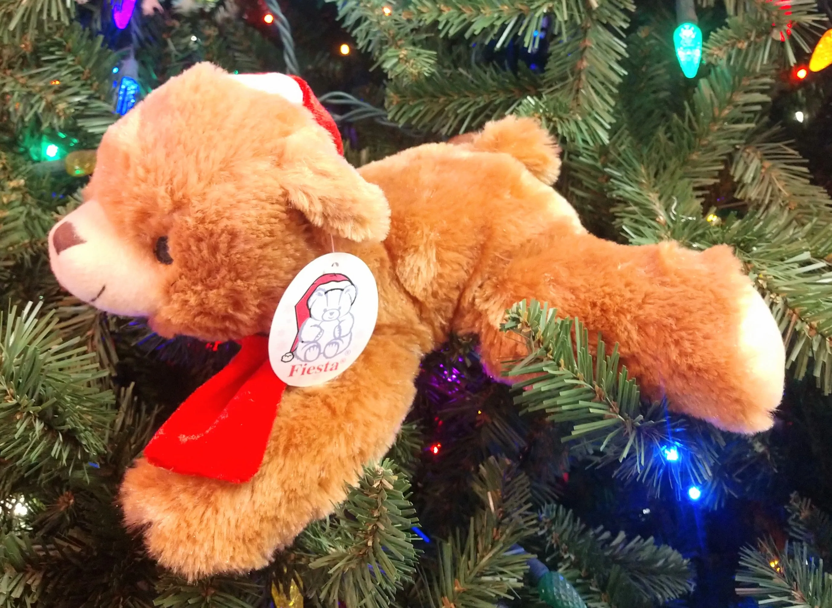 Plush Brown Bear Laying Down with Red Santa Hat & Red Scarf 11"x5"