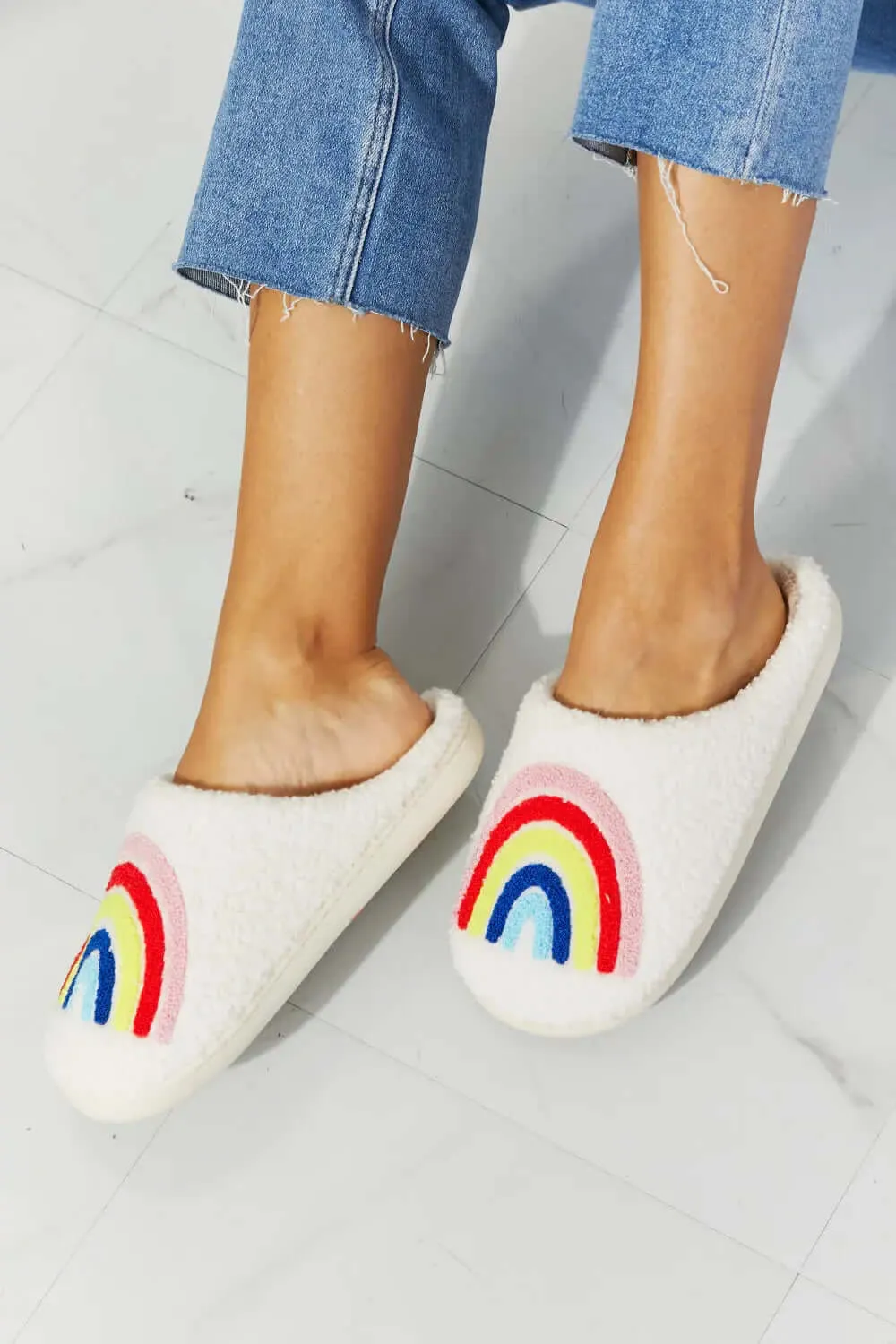 Plush Cute Slippers with Rainbow Graphic