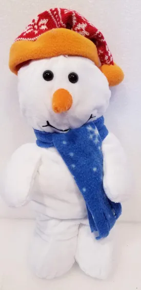 Plush snowman w red hat/blue scarf with snowflakes 12"