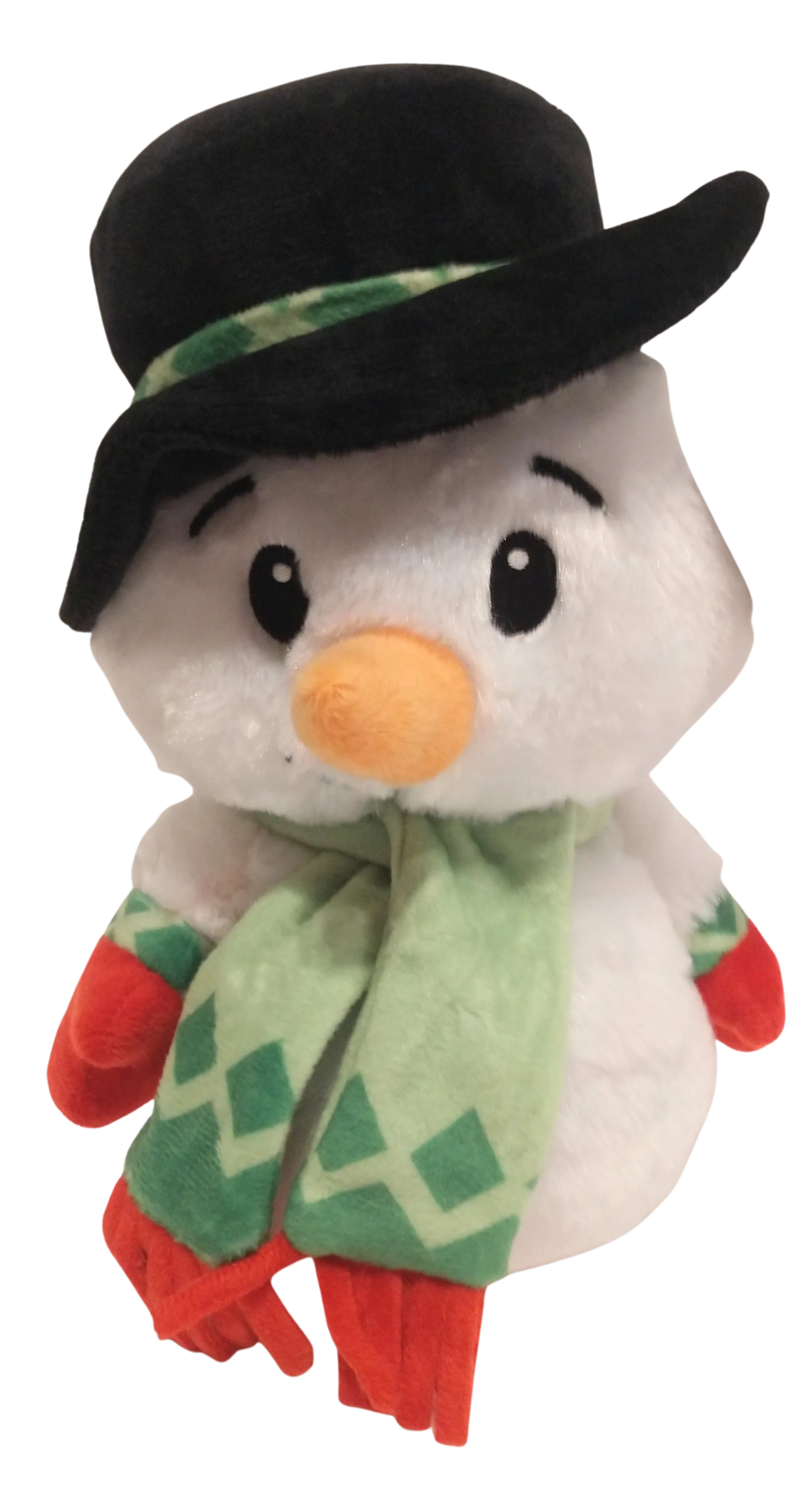 Plush Snowman with Black hat/Green& Red Scarf 10"