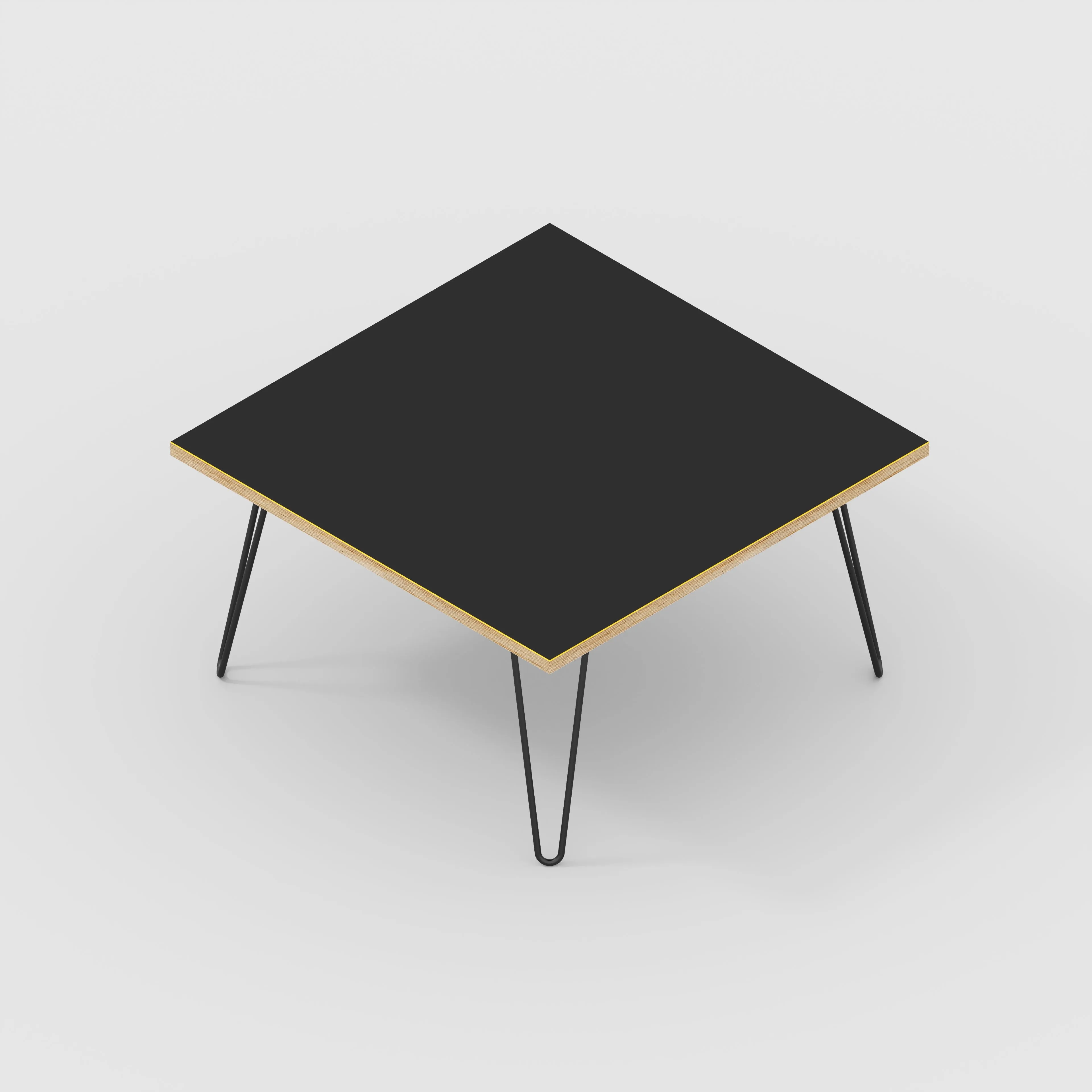 Plywood Coffee Table with Black Hairpin Legs - Formica Diamond Black - 800(w) x 800(d) x 425(h)