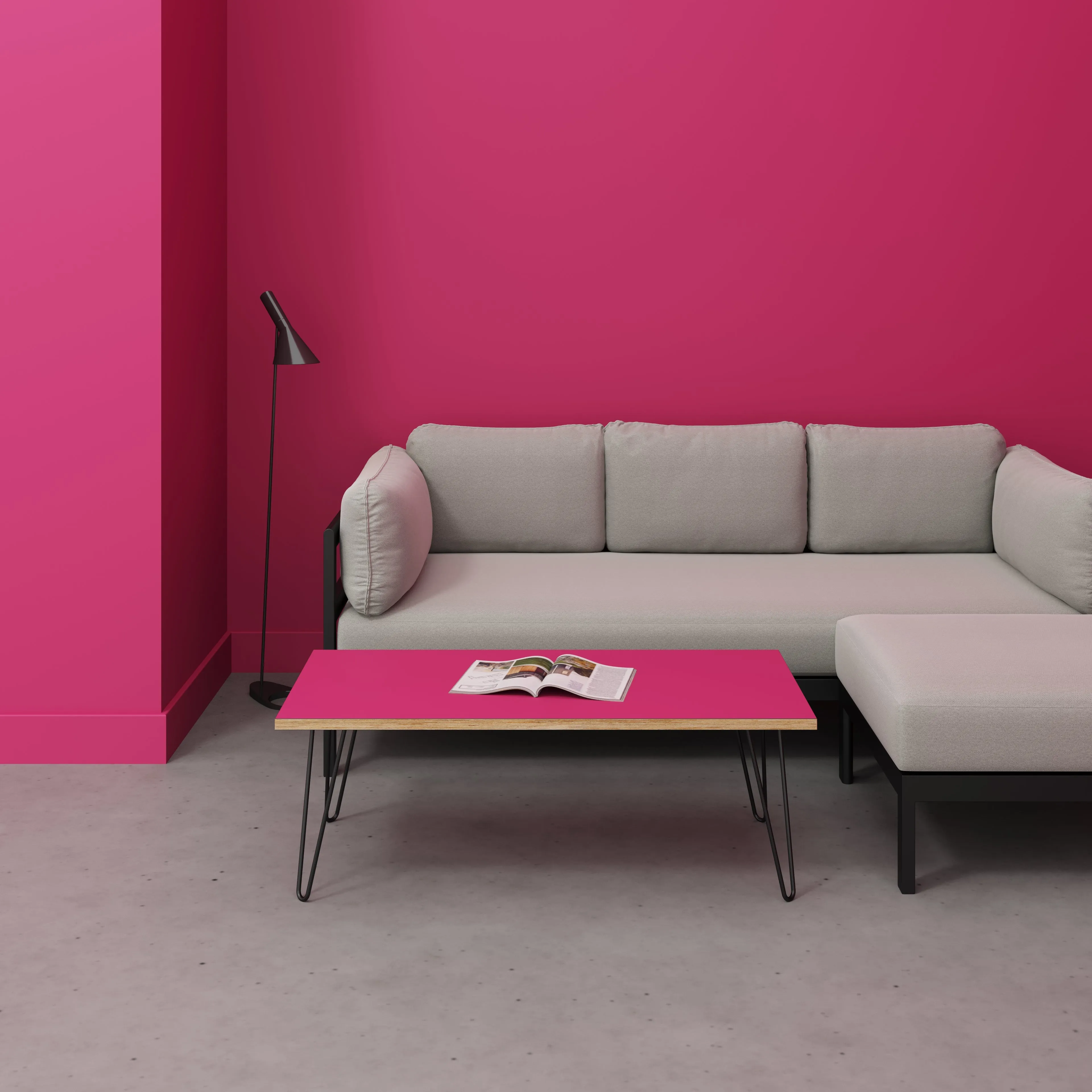 Plywood Coffee Table with Black Hairpin Legs - Formica Juicy Pink - 1200(w) x 600(d) x 425(h)