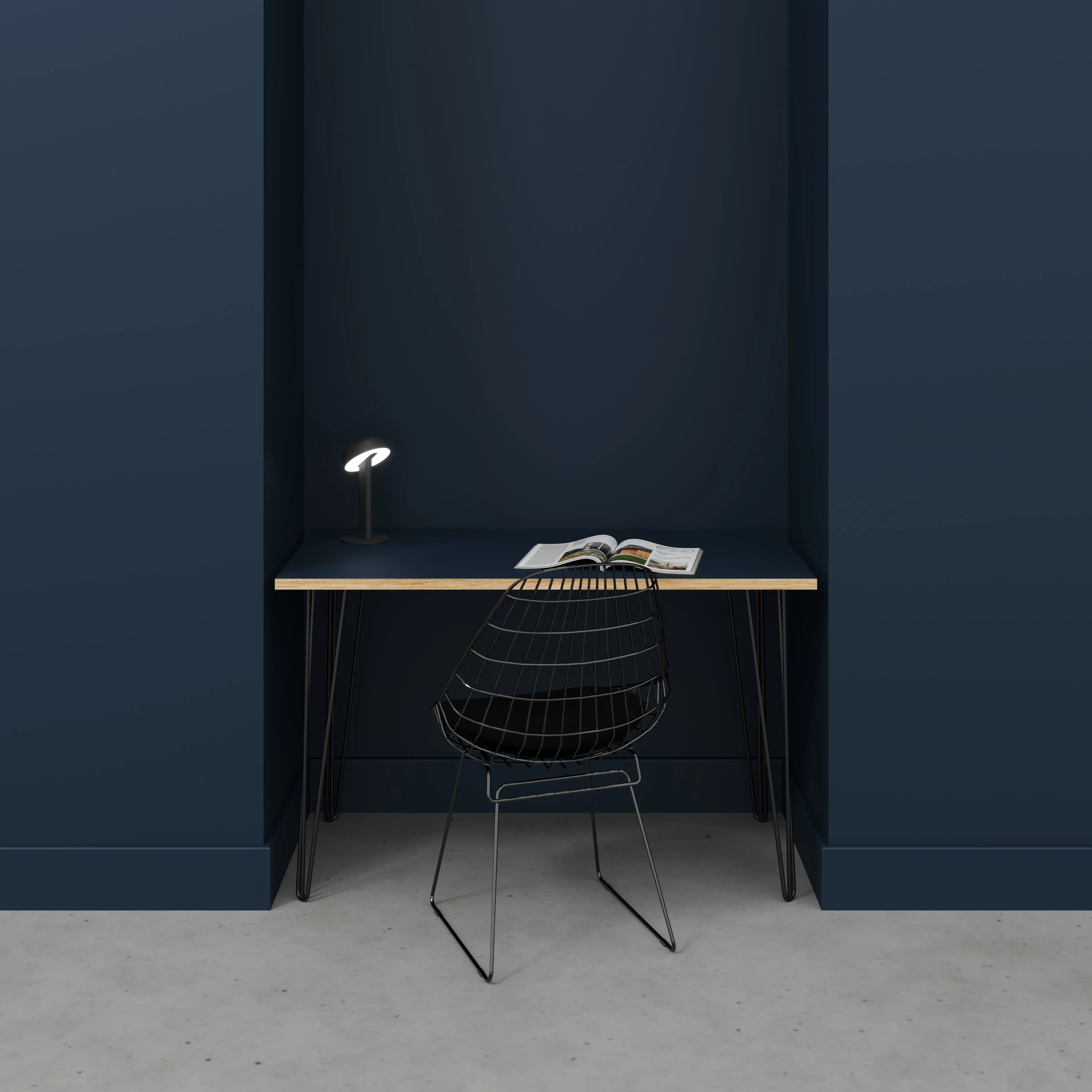 Plywood Desk with Black Hairpin Legs - Formica Night Sea Blue - 1200(w) x 600(d) x 735(h)