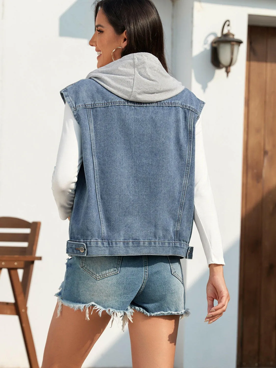 Pocketed Button Up Hooded Sleeveless Denim Jacket