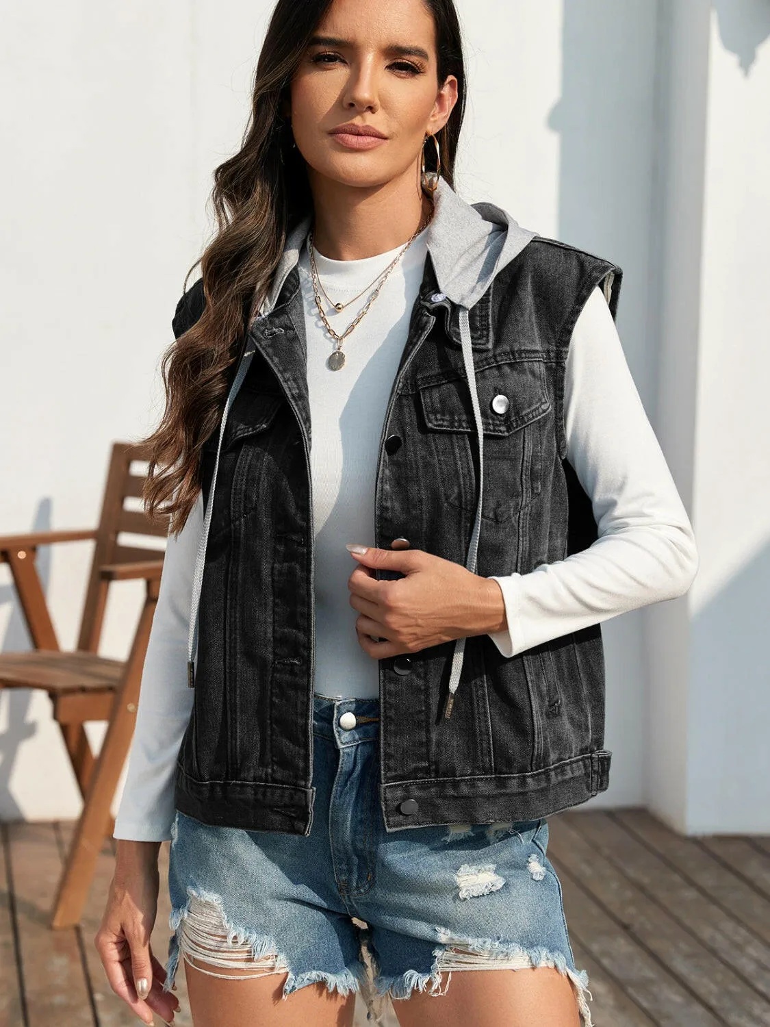 Pocketed Button Up Hooded Sleeveless Denim Jacket