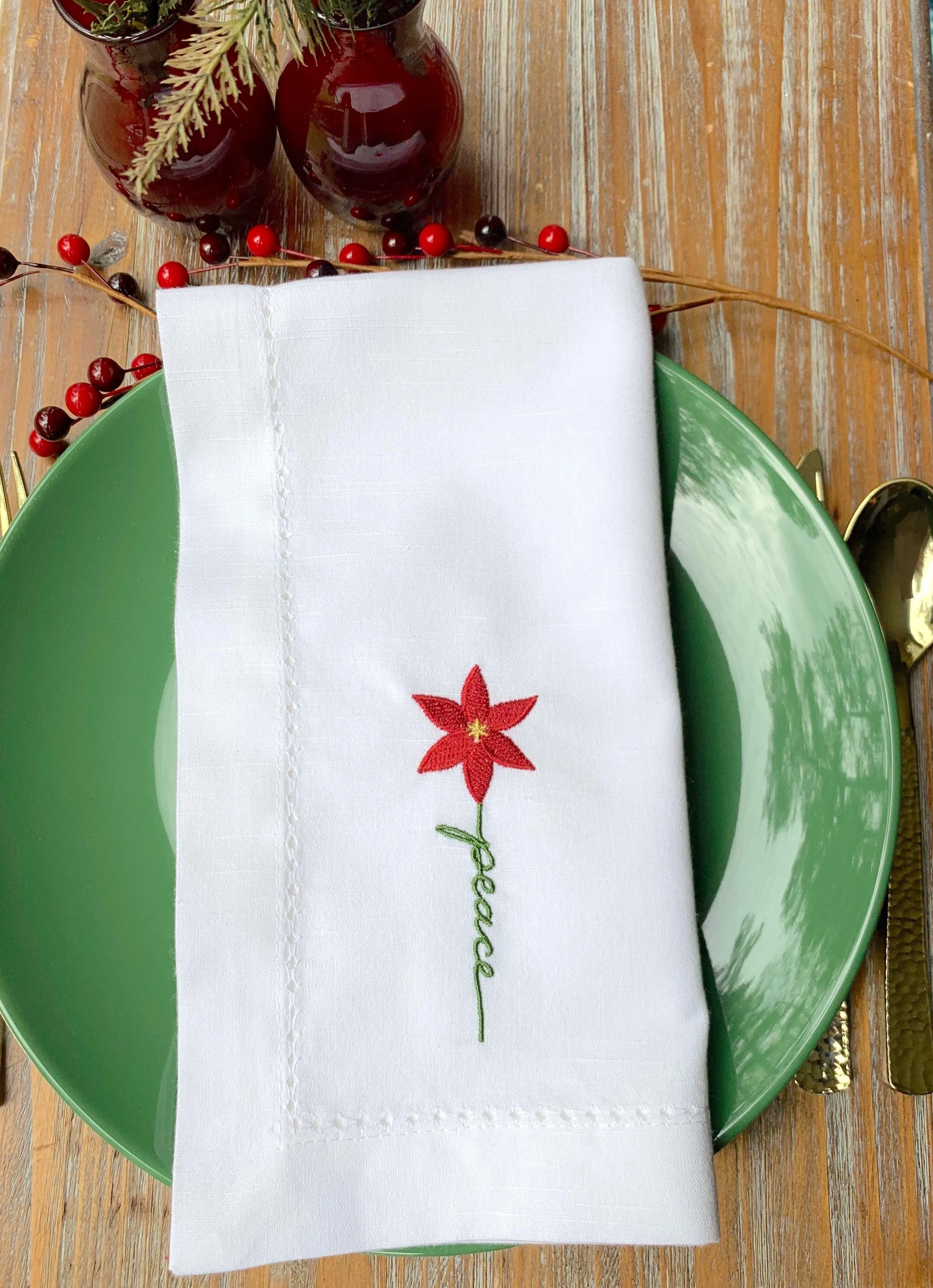 Poinsettia Peace Embroidered Cloth Napkins - Set of 4 napkins