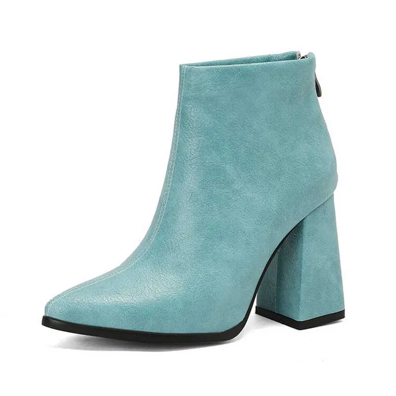 Pointed Toe Back Zipper Ankle Chunky Heels Booties