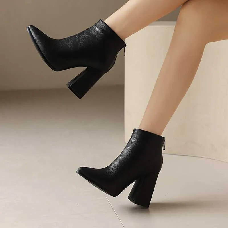 Pointed Toe Back Zipper Ankle Chunky Heels Booties