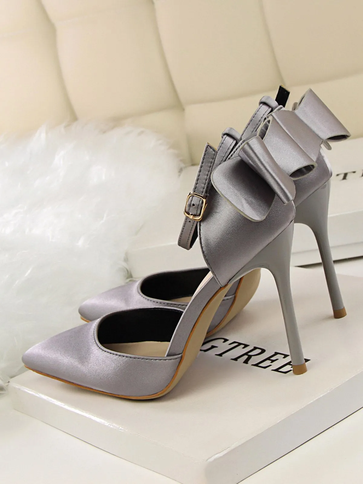 Pointed Toe Bow Strap Satin High Heels Shoes