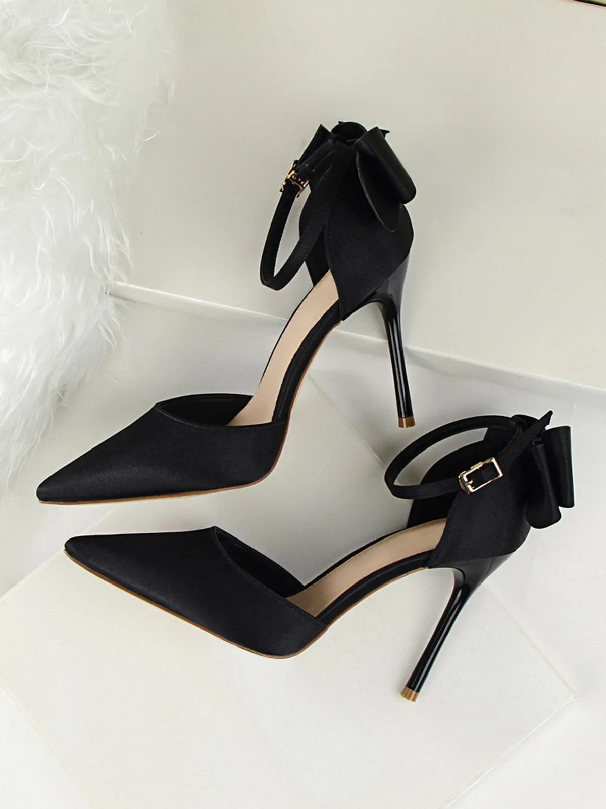 Pointed Toe Bow Strap Satin High Heels Shoes