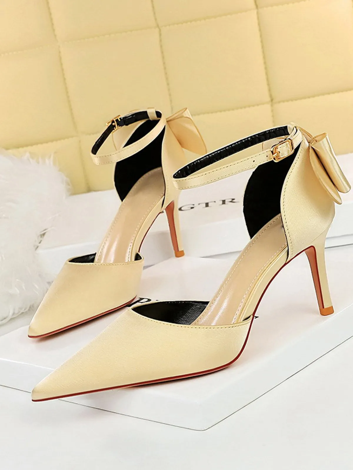 Pointed Toe Bow Strap Satin High Heels Shoes