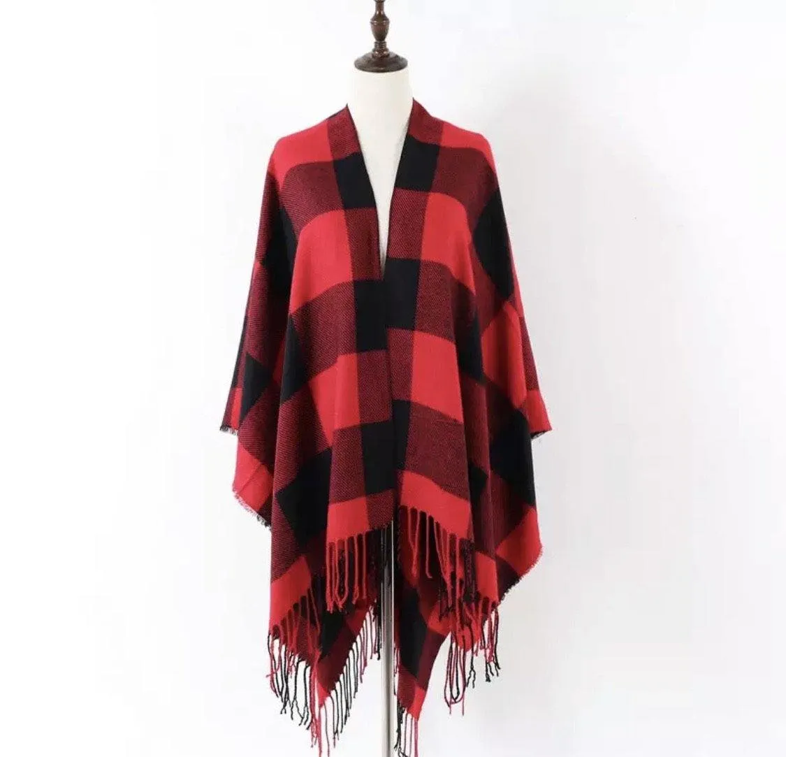 Poncho scarf { Plaid check } Red and black or white and black. 52 x 63. Free ship in US!