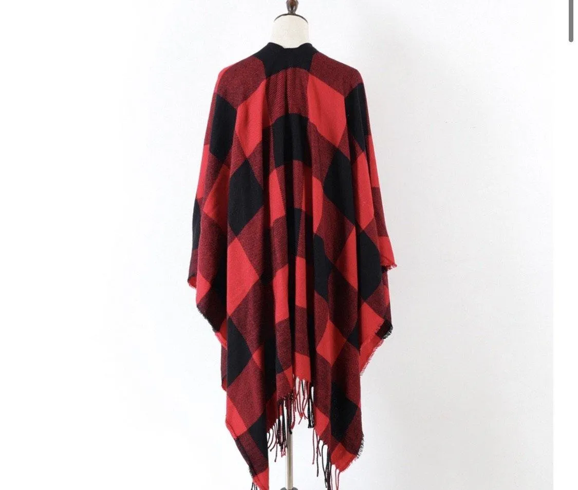 Poncho scarf { Plaid check } Red and black or white and black. 52 x 63. Free ship in US!