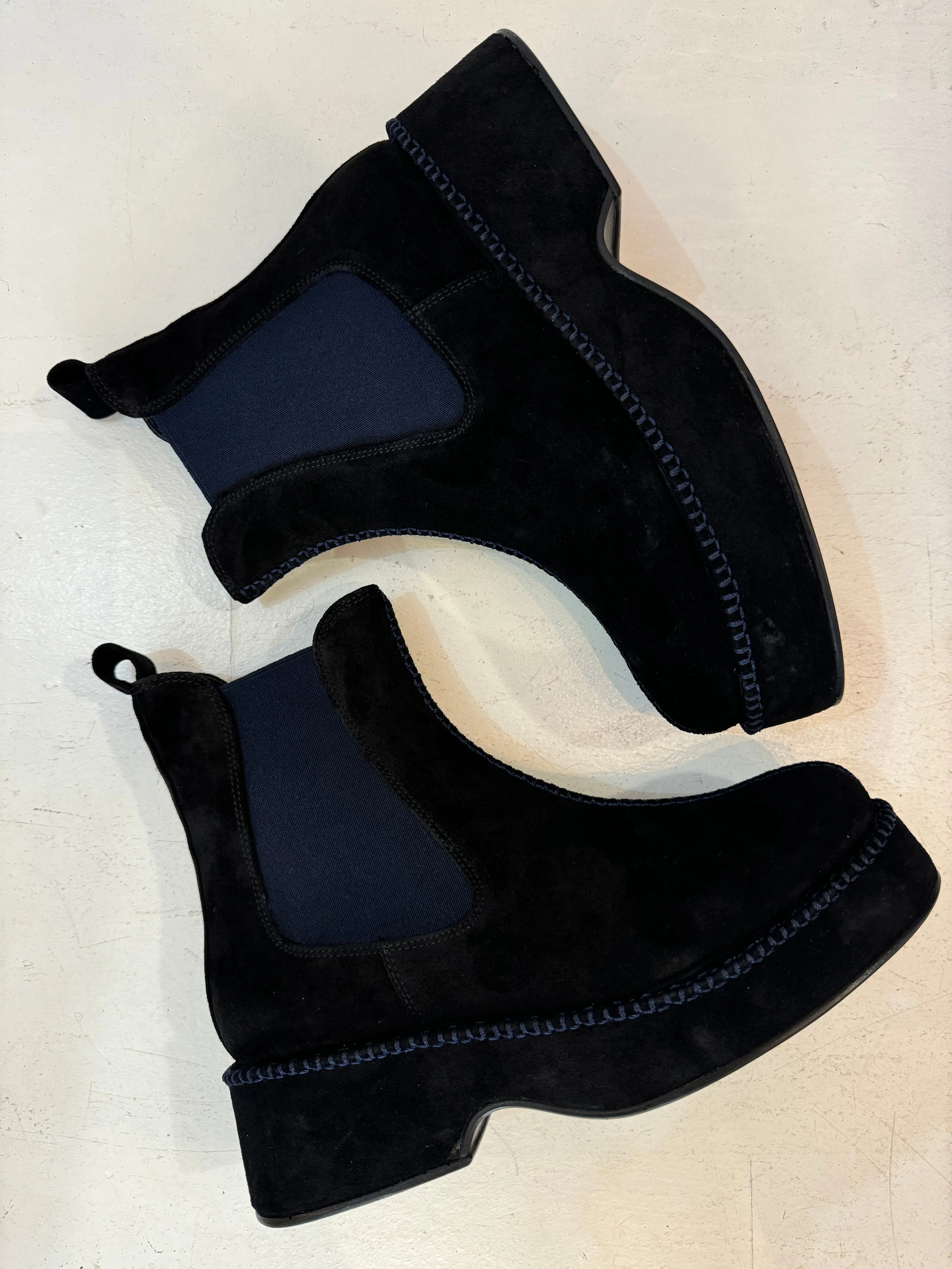 Pons Quintana Black Suede Navy Contrast Stitch Ankle Boot