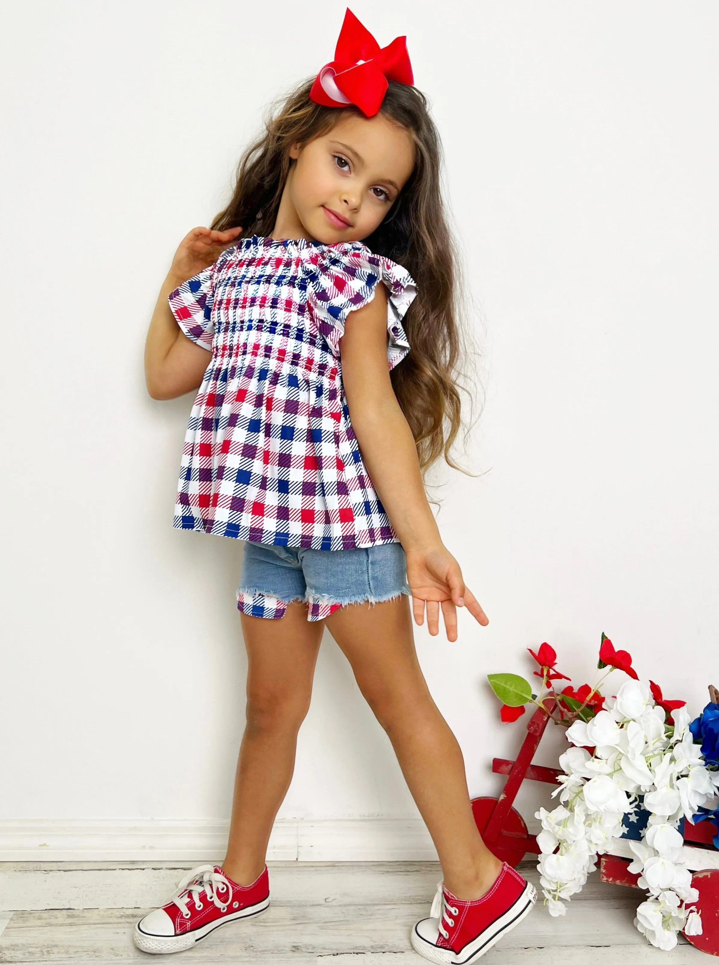 Pop Plaid Patriot Denim Shorts Set