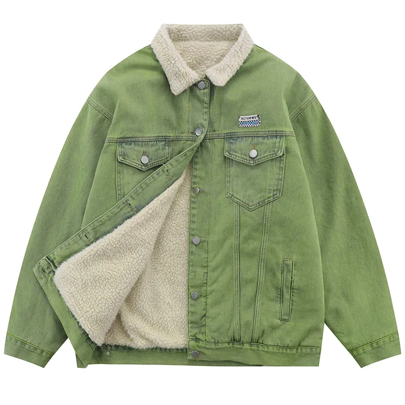 PopFlying Bright Green Denim Jacket Sherpa Lining