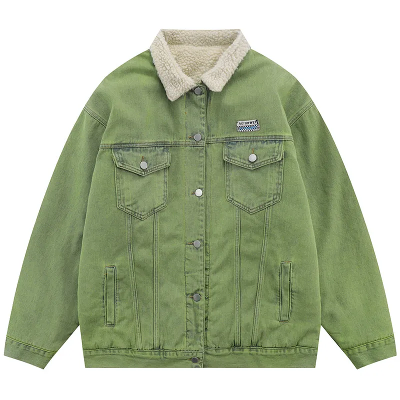 PopFlying Bright Green Denim Jacket Sherpa Lining