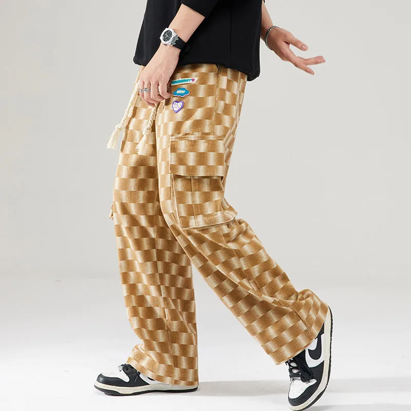 PopFlying Casual Straight Cargo Pants Checkerboard