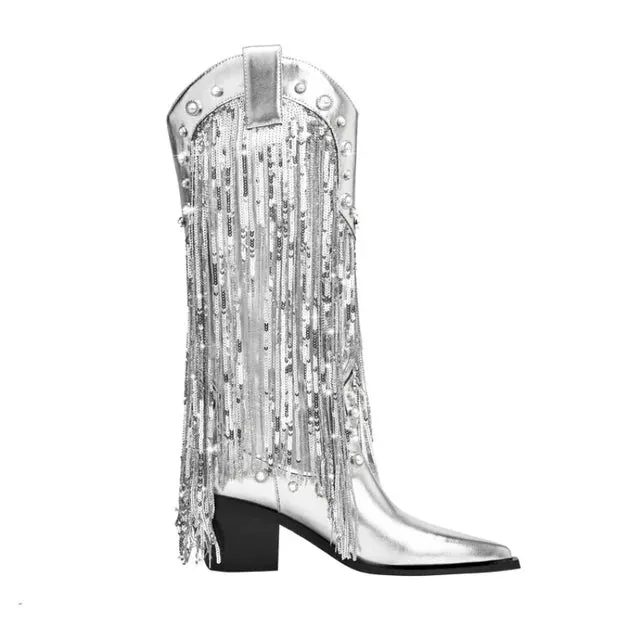 Pre Order:  Sequins Faux Pearls Tassel Boots