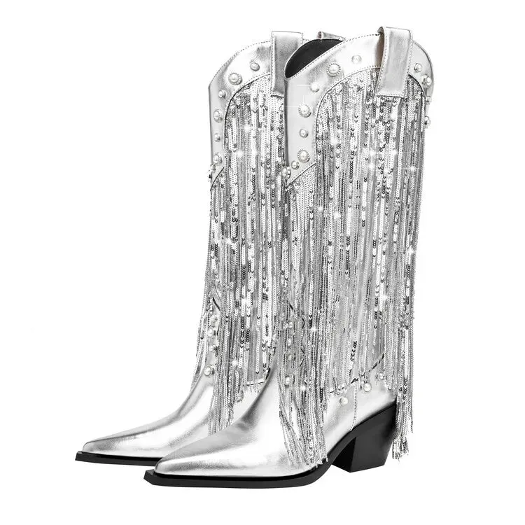 Pre Order:  Sequins Faux Pearls Tassel Boots