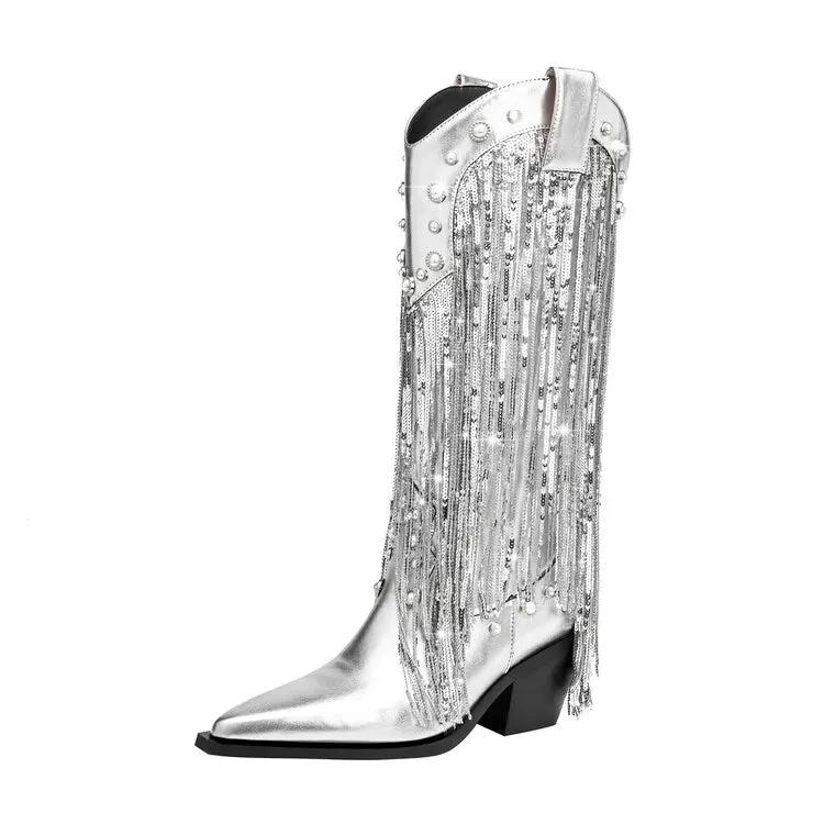 Pre Order:  Sequins Faux Pearls Tassel Boots